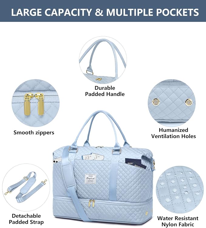 Travel Overnight Bag Weekender Bags- Duffle Bags Women with Shoe Compartment Carry on Overnight Bag with Toiletry Gym Duffel with Wet Pocket Hospital Bags Light Blue - Image 5