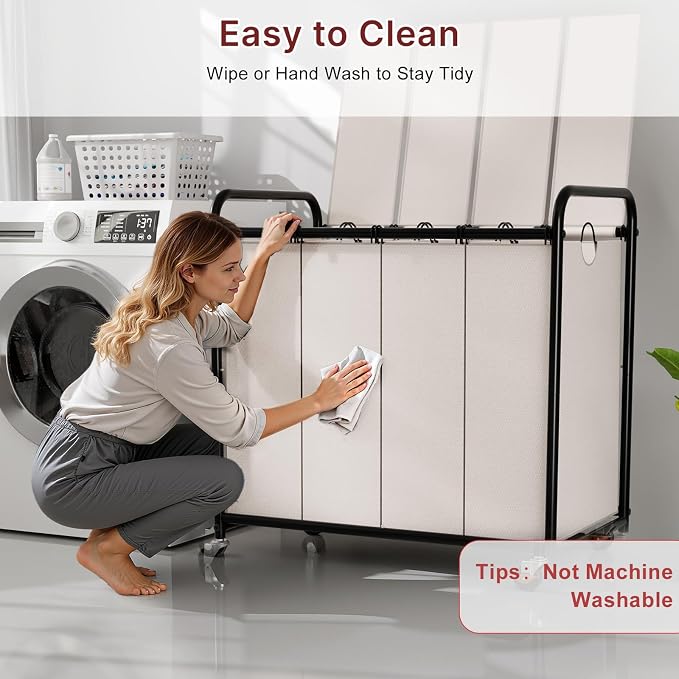 180L Laundry Sorter 4 Section with Lockable Wheels and Lid White | 4 Large Separate Removable Bags | Heavy Duty Rolling Laundry Basket | Laundry Hamper Cart for Laundry Room Organizer - Image 8