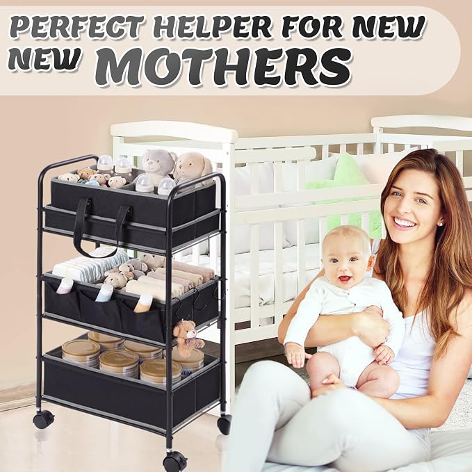 Honeydak 2in1 Baby Diaper Caddy Organizer Cart 3 Tier Large Capacity Metal Utility Bedside Rolling Cart with Divider Newborn Registry Nursery Essential Must Have Crib Bedroom Baby Shower(Black) - Image 5