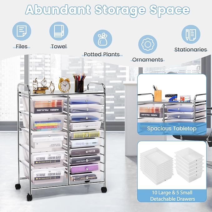 DREAMADE Rolling Cart with 15 Drawers, Clear Plastic Drawer Organizer w/Lockable Wheels, Removable & 2-Sized Storage Drawers, Art Cart for School Home Art Supplies Crafts File Scrapbook (Transparent) - Image 4