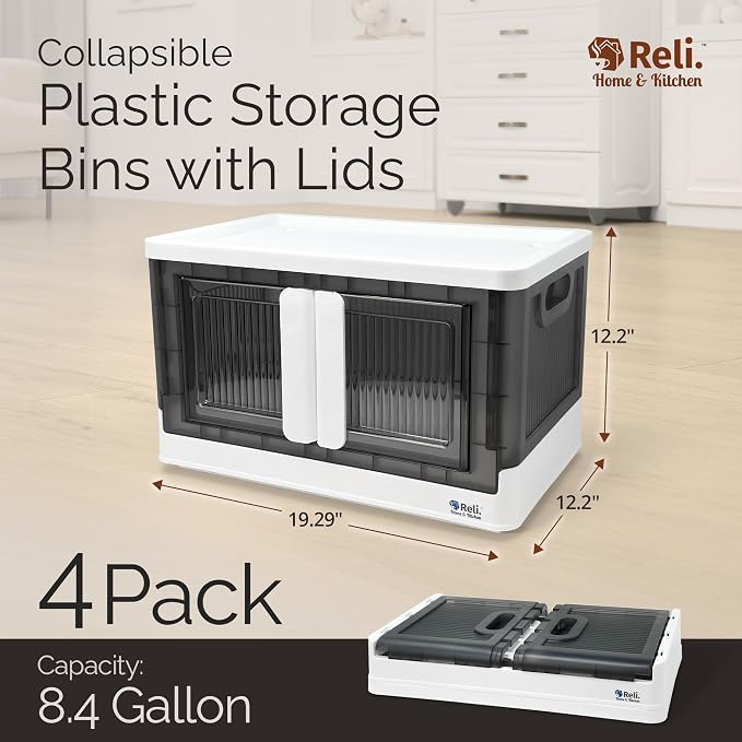 Reli. Collapsible Storage Bins 8.4 Gal (4 Pack) | Stackable Bins with Lids | Foldable containers | Clothing storage organizer, storage on wheels, plastic bins with dual-access doors | White & Gray - Image 2