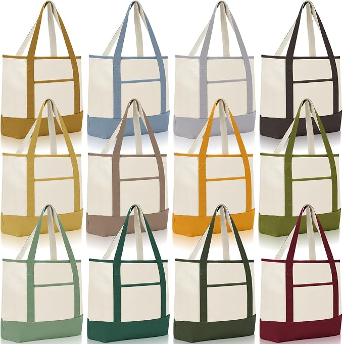 Sanwuta Canvas Tote Bags Bulk with Outer Pockets,Earth Color,12 Pack | Reusable Cotton Grocery Bags, Perfect for Teachers, Party Giveaways, DIY Crafts, Wedding Favors, Business Gifts by Sanwuta