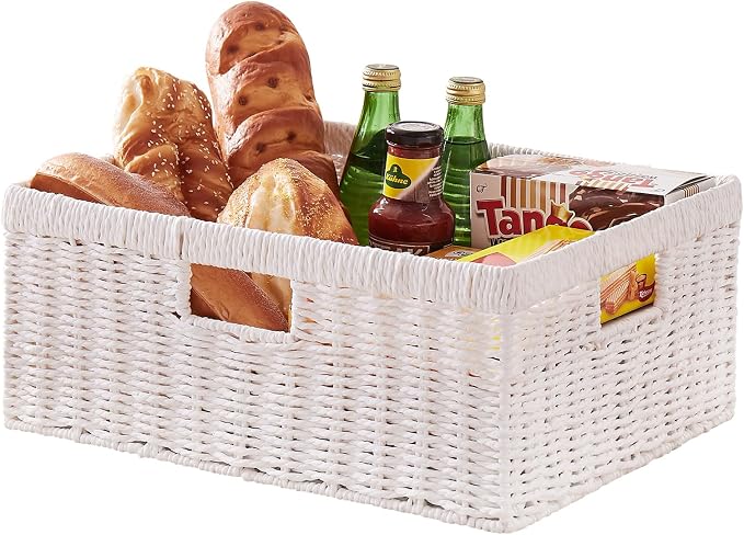 OIAHOMY Wicker Storage Basket, Rectangular Paper Rope Shelf Baskets with Built-in Handles, Woven Decorative Organizer for Pantry, Shelves, Living Room and Bathroom, 1-Pack White by MasterofSpaceOptimization
