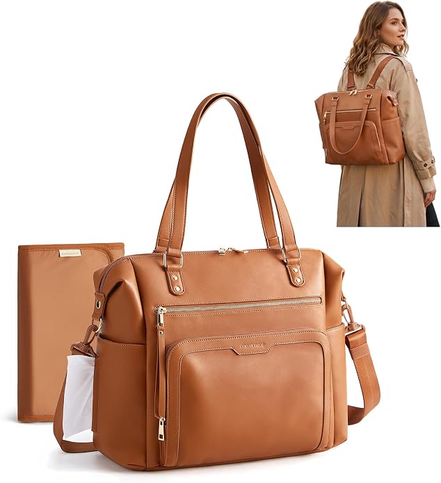mommore PU Leather Convertible Diaper Bag Backpack, Crossbody Bag Tote | Converts into Diaper Backpack, Crossbody Bag, PU Leather Tote, Waterproof Changing Pad by mommore