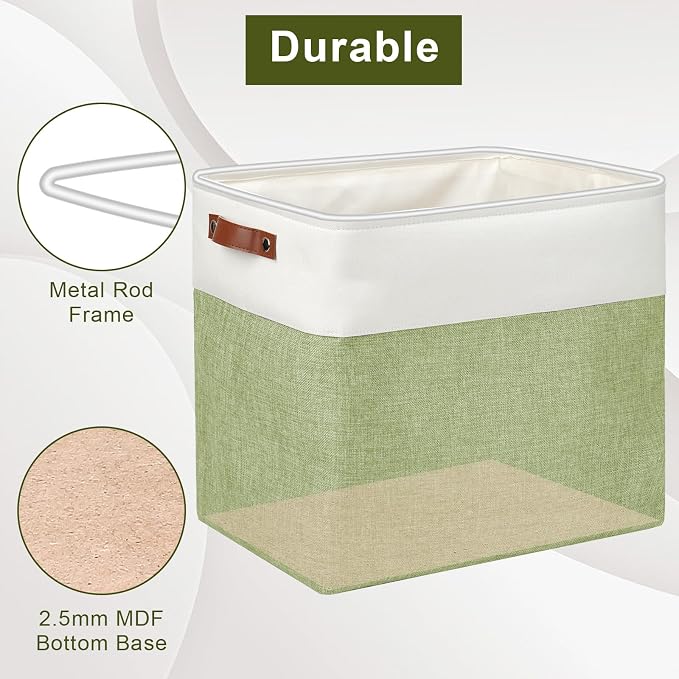 Large Fabric Storage Baskets | 50L Storage Bins, Decorative Linen Closet Baskets with Handles for Organizing, Shelf, Toys, Clothes, Home, Office, Nursery, 17x12x15Inches (Green&White) - Image 4