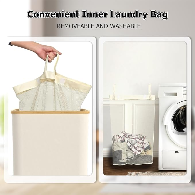 Laundry Hamper with Lid, 100L Tall Laundry Basket with Handles, Dirty Clothes Hamper with Removable Laundry Bag for Bathroom Bedroom Dorm Room Clothes Toys Towels (100L Beige) - Image 6