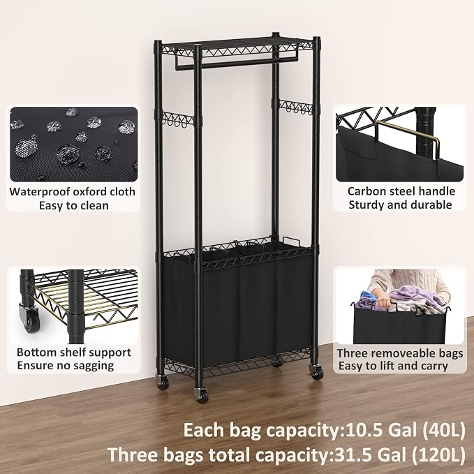 Hodonas Rolling Laundry Basket with Wheels and Hanging Bar, Black | 3 Section, with 3 Removable Bags, with 2 inches Wheels, Suitable for Storing Clothes in Laundry Bedroom Bathroom - Image 3
