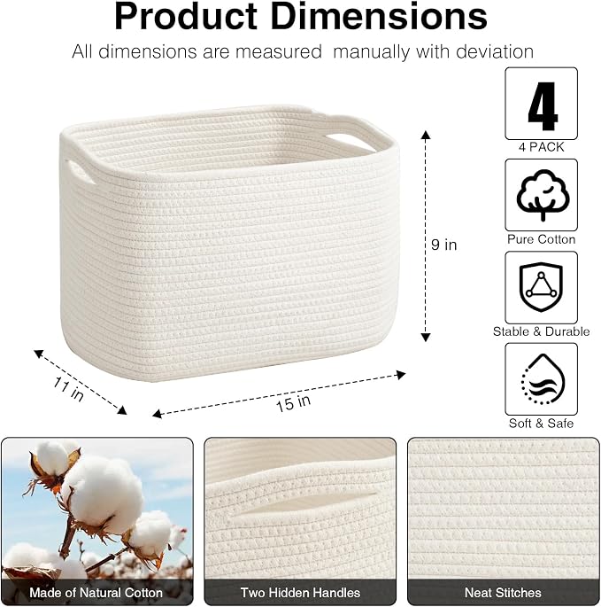 ICERZCZ Woven Cotton Rope Storage Baskets for Organizing & Shelves, Organization Bins for Dog Toys, Clothes, Books, Nursery Organizer, 15"x11"x9", Off White (4 Packs) - Image 2
