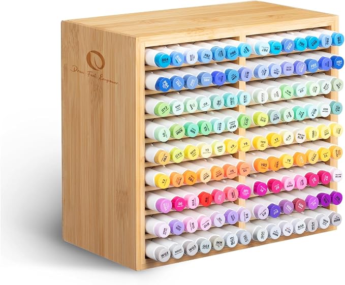 Ohuhu Bamboo Marker Organizer, Wooden Desktop Storage Holds 126 Markers | Markers Pens Pencils Art Brushes Stationary Organizer Pencil Holder with 18 Compartments for Classroom Office Decor Home by Ohuhu