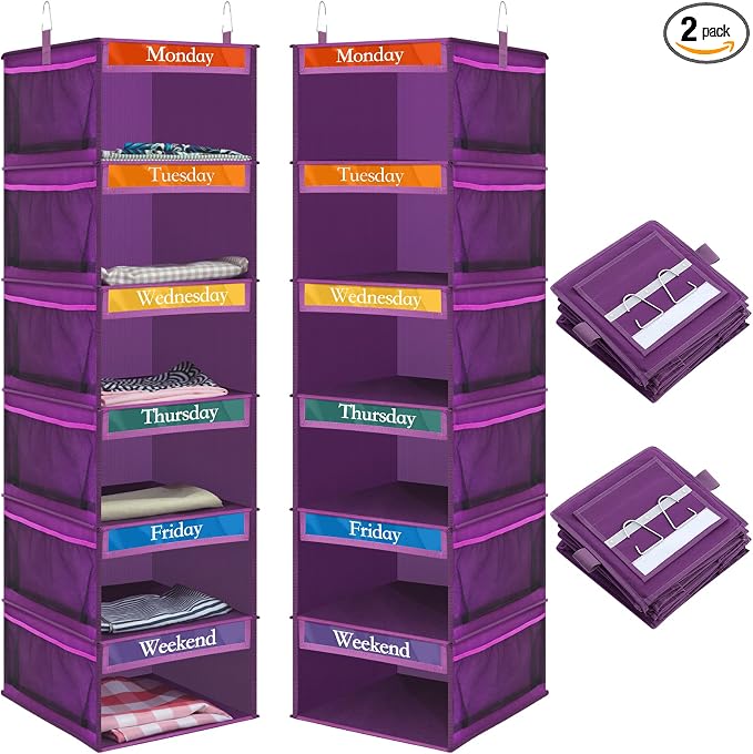 2 Pcs 6 Shelf Hanging Weekly Clothes Organizer for Kid,Purple | Closet Organization, Hanging Closet Shelves with Side Pockets, Labeled Shelves with Days of The Week Monday Through Weekend by Amylove