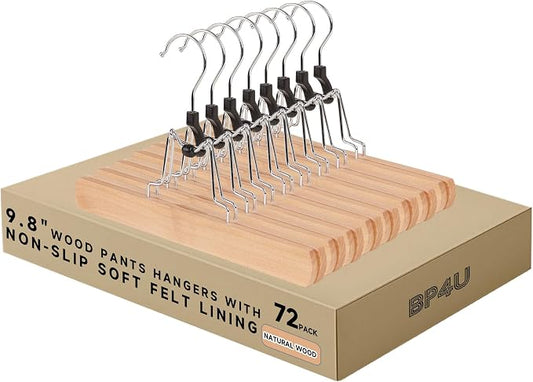 Wooden Non Slip Pants Hangers with Soft Felt Lining, 72-Pack, 9.8" | Solid Wood Clamp Hangers, 360° Swivel, for Skirts, Jeans, Slacks, Trousers, Shorts by BP4U%E2%84%A2