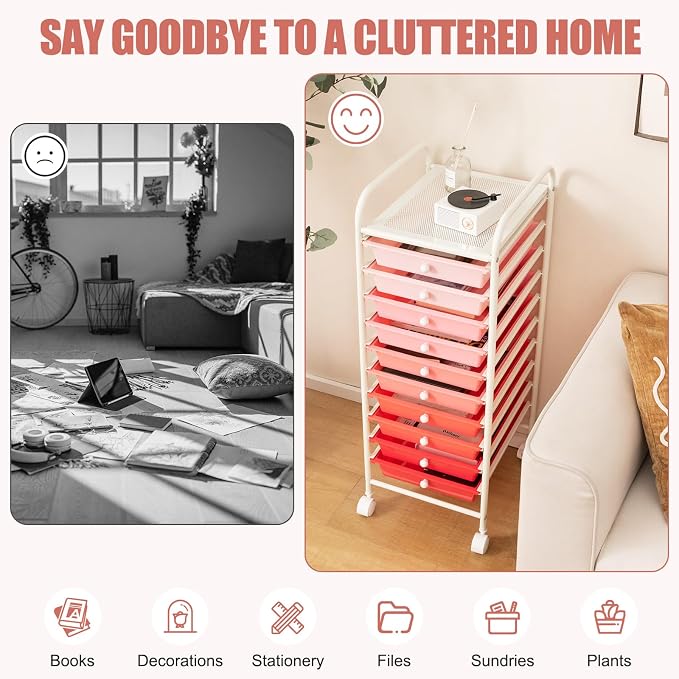 GOFLAME 10-Drawer Rolling Storage Drawer Cart, Utility Cart with Removable Drawers & Metal Frame, Mobile Art Craft Drawer Cart with Lockable Wheels for Home, Office, Studio, School, Pink - Image 6