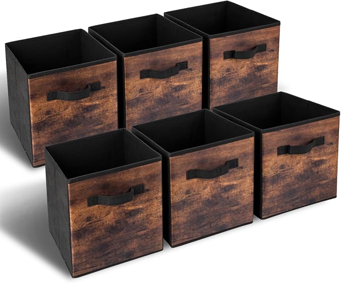 EWES 11 Inch Fabric Storage Cubes, 6 Pack Foldable Storage Bins with Handle, Storage Baskets Box for Shelves, Closet, Organizer, Brown Black - Image 9