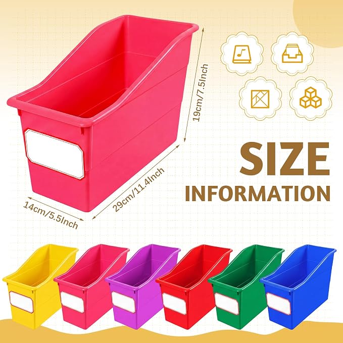 Teling 36 Pcs Book Bins Bulk for Classroom Storage Plastic Magazine Holder with Label Interlocking File Folder Organizer Binder Container Box for School Office Desktop Bookshelf Home (Rainbow Bright) - Image 2