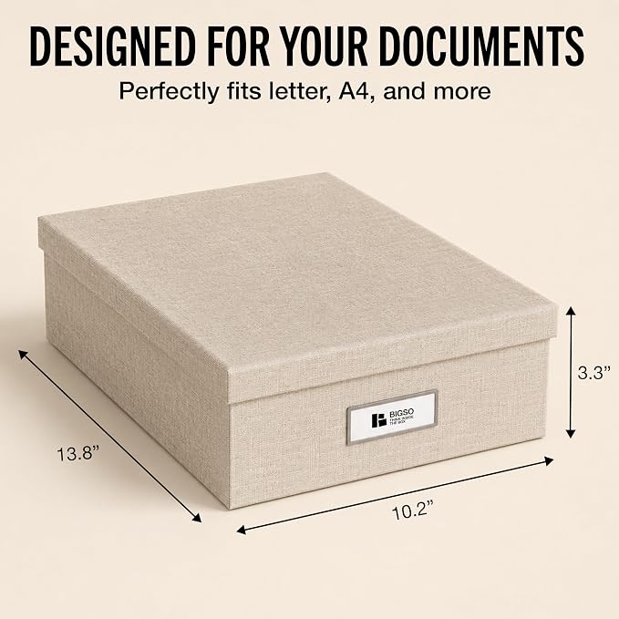 Bigso Oskar Fiberboard Label Frame Document Letter Box for Important Paperwork A4 or Letter Size - Durable Keepsake Box with Lid and Metal Label Holder - 3.3in x 10.2in x 13.8in - Melange Beige - Image 4