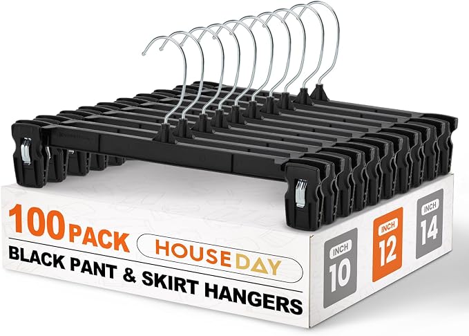 HOUSE DAY Black Pants Hangers with Clips 100 Pack, 12 Inch Skirt Hangers | Non-slip clips hold trousers, skirts, shorts and jeans; 360° swivel hook allows easy access for everyday adult wardrobes by HOUSEDAY