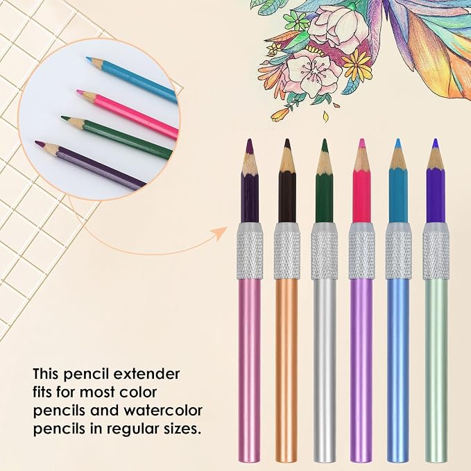 YOUSHARES Aluminum Assorted Colors Pencil Lengthener – Pencil Extender Holder for Colored Pencils in Regular Size (6 Pcs) - Image 2