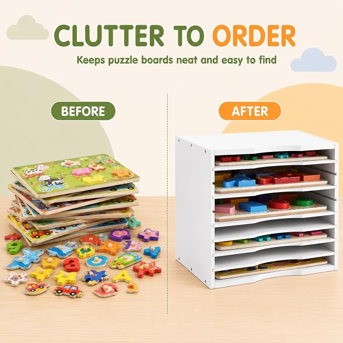 Ripeng 2 Pack 7-Tier Bamboo Puzzle Holder Rack, Adjustable Storage Organizer for Flat and Thick Jigsaw Puzzles, Space Saving Desktop Shelf, Gift for Craft Jigsaw Puzzle Lovers (White) - Image 6