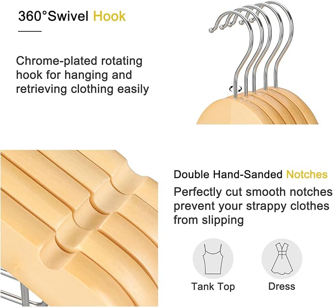 TOPIA HANGER Wooden Suit Hangers with Adjustable Metal Clips (20 Pack), Solid Smooth Wood Clothes Hangers, 360° Swivel Hook, Premium Pants Hangers for Clothes Coat, Jeans, Blouse-Natural, CT28N20 - Image 5