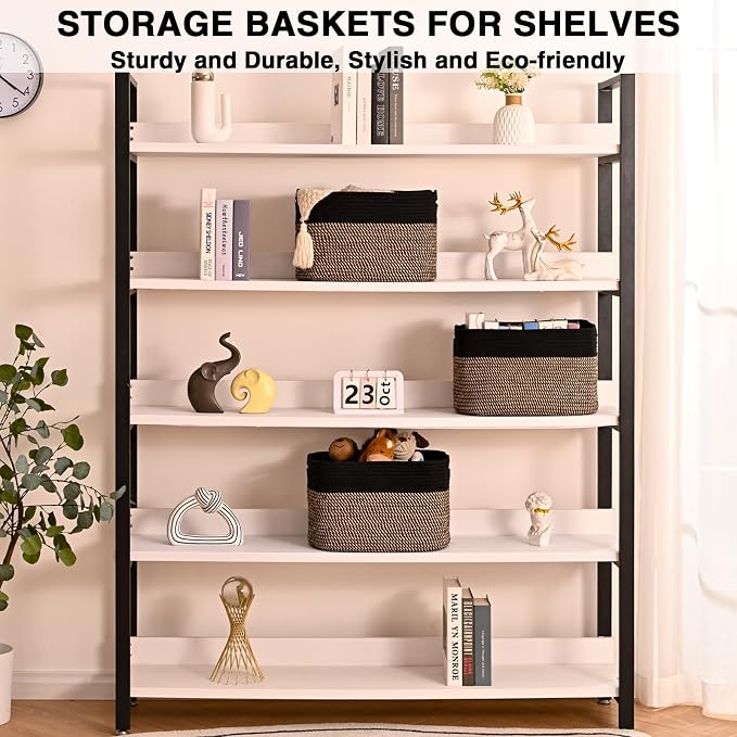 Storage Baskets for Organizing Shelves, Woven Cotton Rope Bins for Organization, Dog Toy Organizer for Shelf Living Room Bedroom, 14.8"×11"×9.5", Pack of 3, Black & Jute - Image 3
