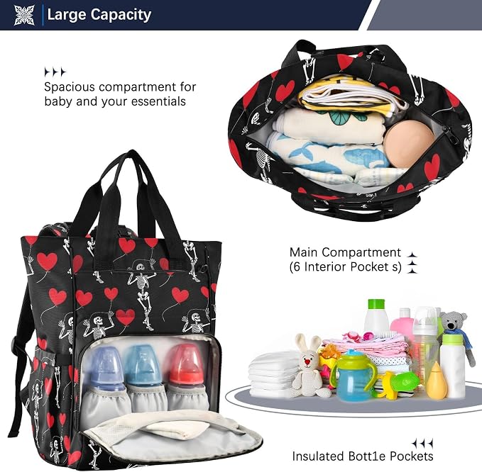 MNSRUU Diaper Bag Romantic Skull Gothic Diaper Bag Backpack Multifunction Travel Diaper Bag Tote Large Capacity Diaper Changing Backpacks for Moms Dads - Image 5