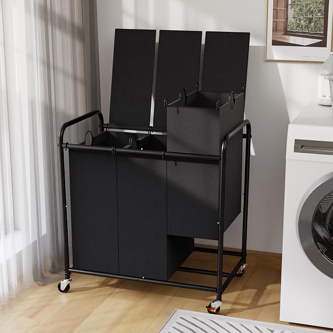 180L Laundry Sorter 3 Section with Lockable Wheels and Lid Black | 3 Large Separate Removable Bags | Heavy Duty Rolling Laundry Basket | Laundry Hamper Cart for Laundry Room Organizer by YKDIRECT