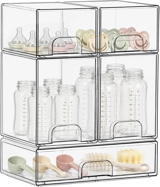 QRRICA Baby Bottle Organizer for Countertop, 5-Piece Stackable Clear Acrylic Storage with Non-Slip Pads & Handles – Large Capacity for Kitchen, Pantry, Bathroom, Vanity, Cabinet by QRRICA