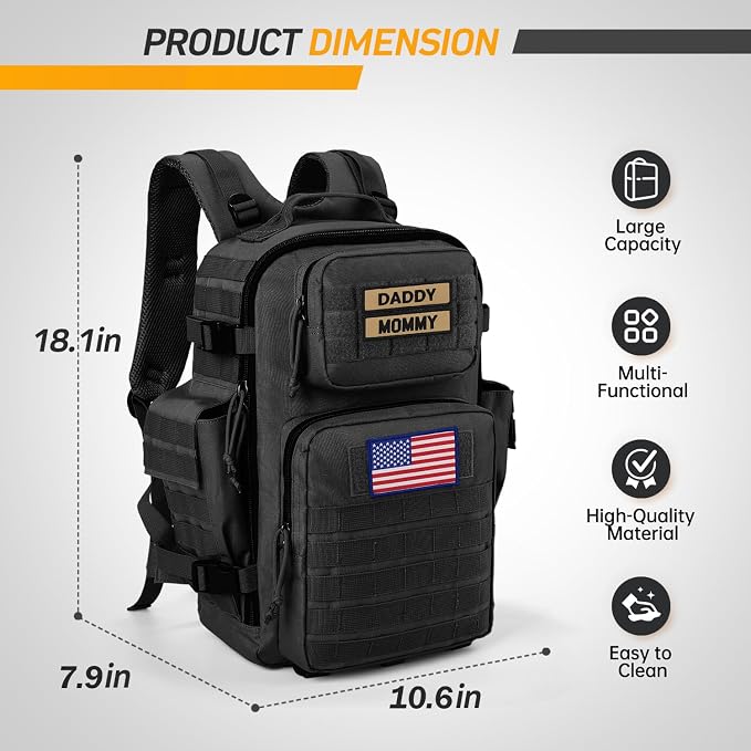 SHARKMOUTH Dad Diaper Bag for Men - Military Baby Backpack with Patches for Hiking Travel Camping Trips - Baby Shower Gifts Black - Image 5