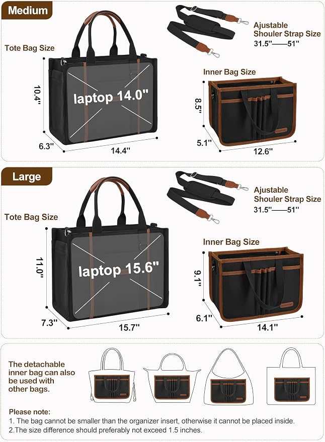 BESBESME Women’s Canvas Tote Bag with Zipper and Compartments – Multi-Pocket Laptop Work Crossbody Shoulder Tote Purse - Image 4