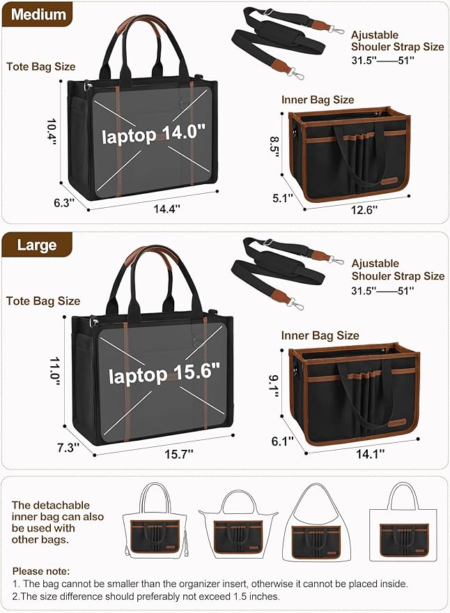BESBESME Women’s Canvas Tote Bag with Zipper and Compartments – Multi-Pocket Laptop Work Crossbody Shoulder Tote Purse - Image 4