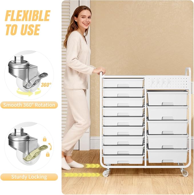 14 Drawer Rolling Storage Cart with Tabletop and Pegboard for Crafts White | Easy Setup, Large Capacity, Sturdy Build, Smooth Mobility, For classroom, office and dorm supplies - Image 6
