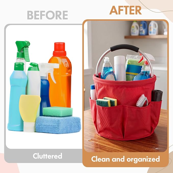 LemonRoad 4 Pack Cleaning Caddy with Handle 17L Foldable Cleaning Supplies Organizer Oxford Cloth Storage Basket with 6 Pockets Portable Multi Bucket Bag for Home Garden(Black,Dark Gray,Red,Green) - Image 5