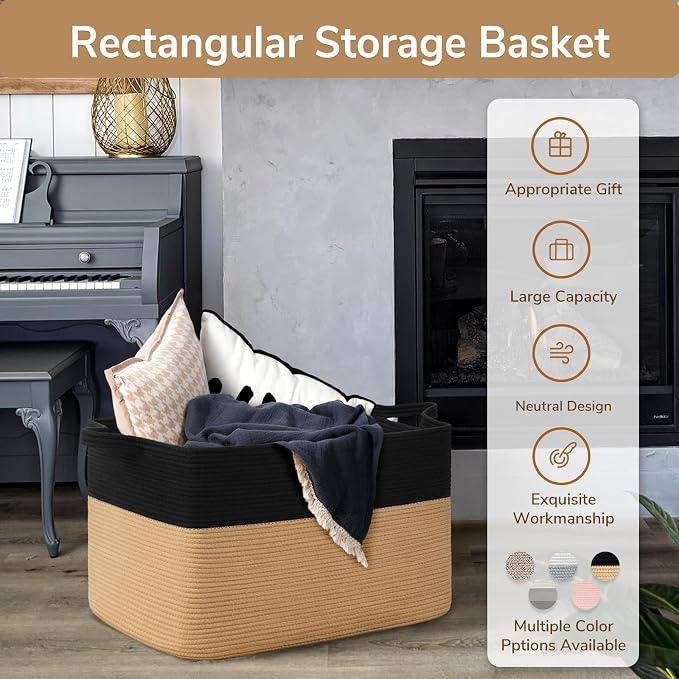 Goodpick 85L Large Woven Rope Blanket Basket, Rectangle, Black & Camel | 23.6'' x 15.7'' x 13.8'' Wicker Storage Basket for Blankets, Pillows & Toys, Home Organization & Decor, Reinforced Handles - Image 7