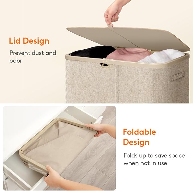Lifewit 165L 3 Section Laundry Hamper with Lid, Laundry Basket, Beige | Large Foldable Laundry Sorter with 3 Removable Bags, Tall Clothes Hamper for Bedroom and Bathroom - Image 8