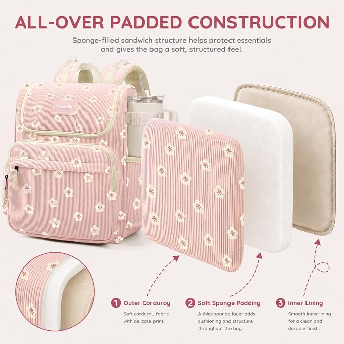 Large Corduroy Diaper Bag Backpack for Mom, 25L Baby Travel Bag with Insulated Bottle Pockets, 40oz Side Strap & Stroller-Ready Straps - Image 7