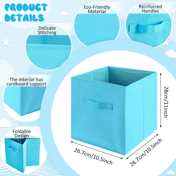 Yinder 12 Pcs Cube Storage Bin Blue 10.5''x10.5''x11'' Storage Bins for Playroom Decor Colorful Bins for Kids Foldable Baskets for Nursery Organizer Boxes Fabric Boxes(Dark and Light Blue) - Image 2