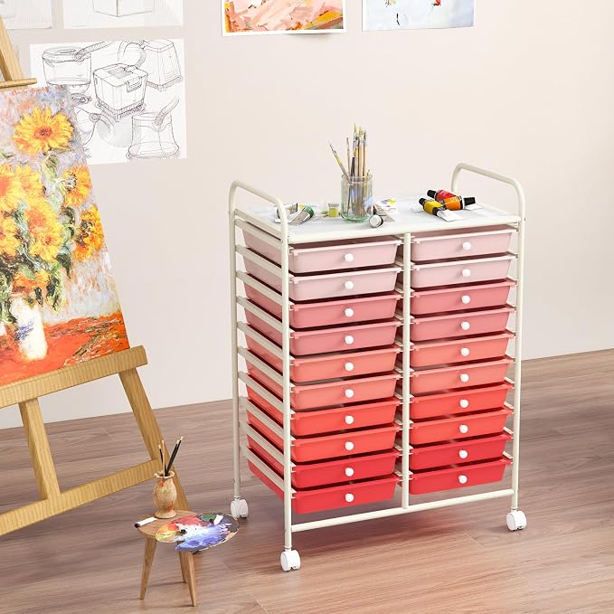 RELAX4LIFE 20 Drawer Rolling Storage Cart, Mobile Rolling Cart w/Drawers for School Classroom Teacher Office Home Salon, Paper File Art Supply Craft Organizer, Utility Cart on Wheels (Gradient Pink) - Image 2