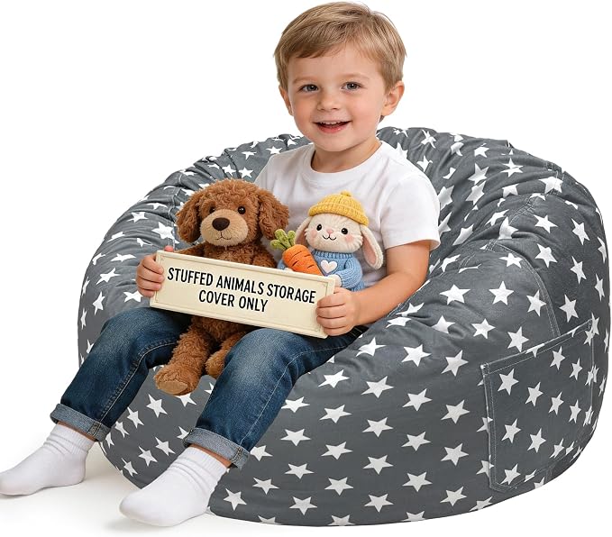 Lukeight Stuffed Animal Storage Bean Bag Chair Cover for Kids, Velvet Plush Toy Organizer Seat, Cover Only, No Filling Included, Long YKK Zipper, Side Pocket, Large 27"D x 16"H by Lukeight