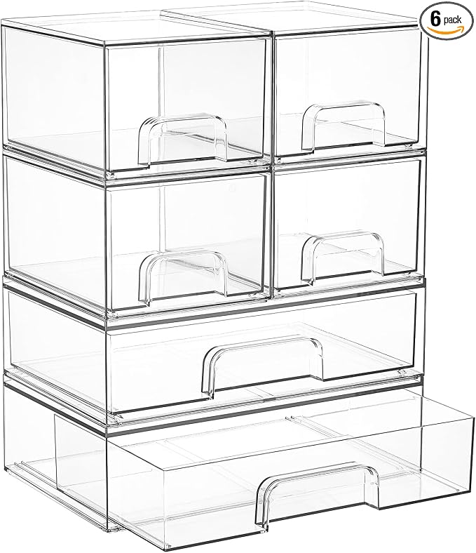 Vtopmart Clear Stackable Storage Drawers Set of 6, Plastic Organizer Bins | Multi-purpose Boxes for Bathroom Accessories Storage, Ideal for Cabinet, Shelf, Pantry, Laundry Room Organization by Vtopmart