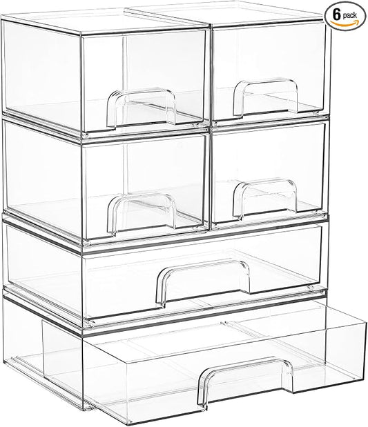 Vtopmart Clear Stackable Storage Drawers Set of 6, Plastic Organizer Bins | Multi-purpose Boxes for Bathroom Accessories Storage, Ideal for Cabinet, Shelf, Pantry, Laundry Room Organization by Vtopmart