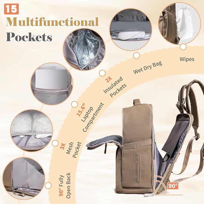 Diaper Bag with Changing Station Large Diaper Backpack Baby Bag | 15 Pocket,Changing Pad,2 Insulated Pockets,Stroller Straps,Lightweight Waterproof Laptop Yoga Backpack,Brown - Image 4