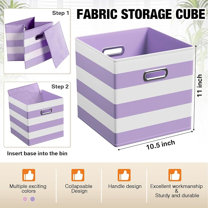 CroBlissful 11 Inch 6 Pack Fabric Storage Cubes with Metal Handles, Back to School Collapsible Organizer Bins for Classroom, Closet, Student Room, Toys and School Supplies (Purple and Pink) - Image 3