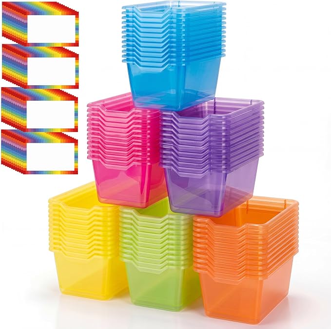 Funrous 72 Pack Plastic Cubby Bins for Classroom, Stackable Storage Bins with Rainbow Labels and Handles Cubby Organizer Containers for Teacher Supplies Home Office Daycare and Playroom (Bright) by Funrous
