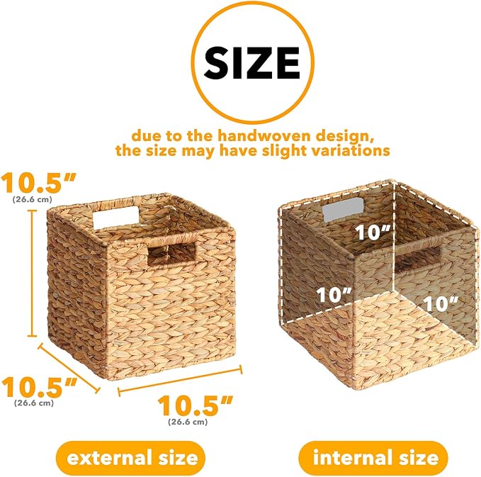 SpaceAid 6 Pack Wicker Basket, Storage Baskets for Organizing, Woven Rattan Basket with Handles for Shelves, Water Hyacinth Large Cube Organizer Storage Bin, 10.5x10.5x10.5 inch, Natural - Image 3
