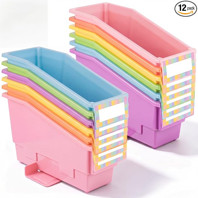 Geetery 12 Pack Non-Tip Book Bins with Stabilizer Wings Multicolor Plastic Storage Organizers Color Code Organization for Home Office Desktop Library Shelves Document Magazine File Holder (Pastel) by Geetery