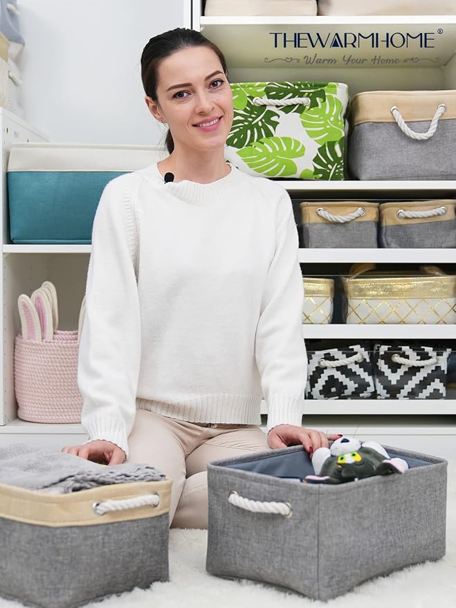 Storage Bins Basket - Storage Baskets for Organizing Shelves,Home Closet Organizer for Book Shelf Organization,Fabric Storage Cubes,Medium Decorative Grey Basket Gift - Image 6
