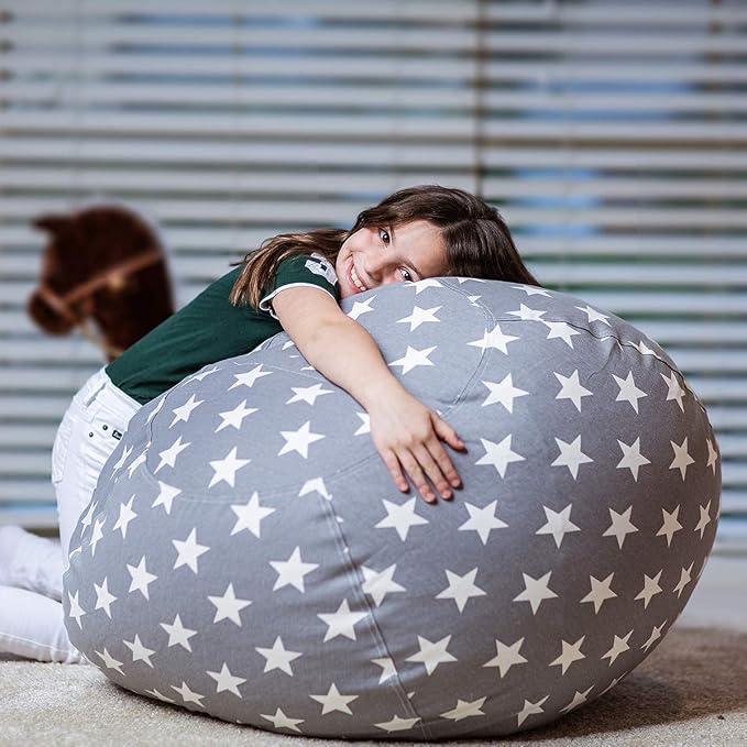 WEKAPO Stuffed Animal Storage Bean Bag Chair Cover for Kids | Stuffable Zipper Beanbag for Organizing Children Plush Toys Large Premium Cotton Canvas (Grey Star, XX-Large) - Image 4