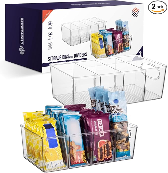 ClearSpace Pantry Organizers and Storage and Cabinet Organizer, 2 Pack | Storage bin with divider for organizing pantry items, food containers, kitchen essentials, and refrigerator storage by ClearSpace