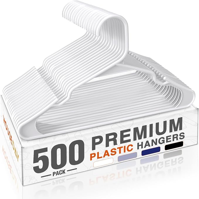 HOUSE DAY White Plastic Hangers 500 Pack, Slim Space Saving Clothes Hangers | Durable Hangers for Shirts, Coats, Pants, Non-Slip Notches, Bulk Pack for Retail Stores, Dry Cleaners and Commercial Use by HOUSEDAY