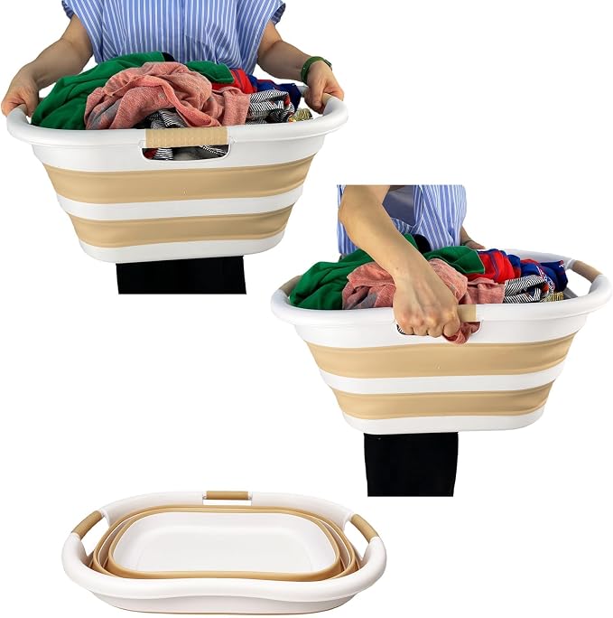 SAMMART 40L (10.5 gallon) Set of 2 Plastic Foldable Laundry Basket - Collapsible, Space Saving and Portable Laundry Hamper, Ideal for Home, Travel, Dorm, and Camping (2, White/Beige) - Image 6